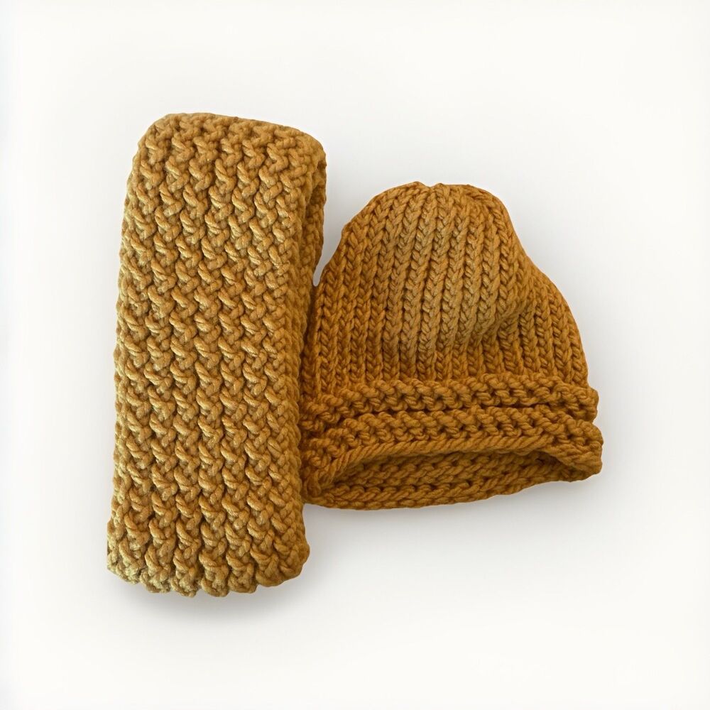 HANDMADE mustard yellow kids beanie hat and scarf set